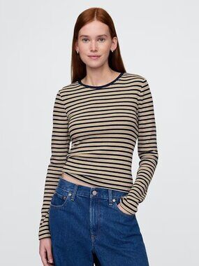 GAP Modern Rib Crop T-shirt Khaki Stripe L